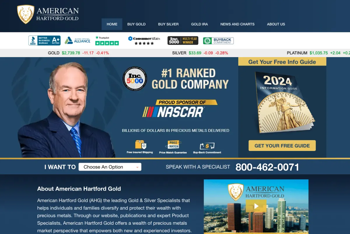 American Hartford Gold website homepage